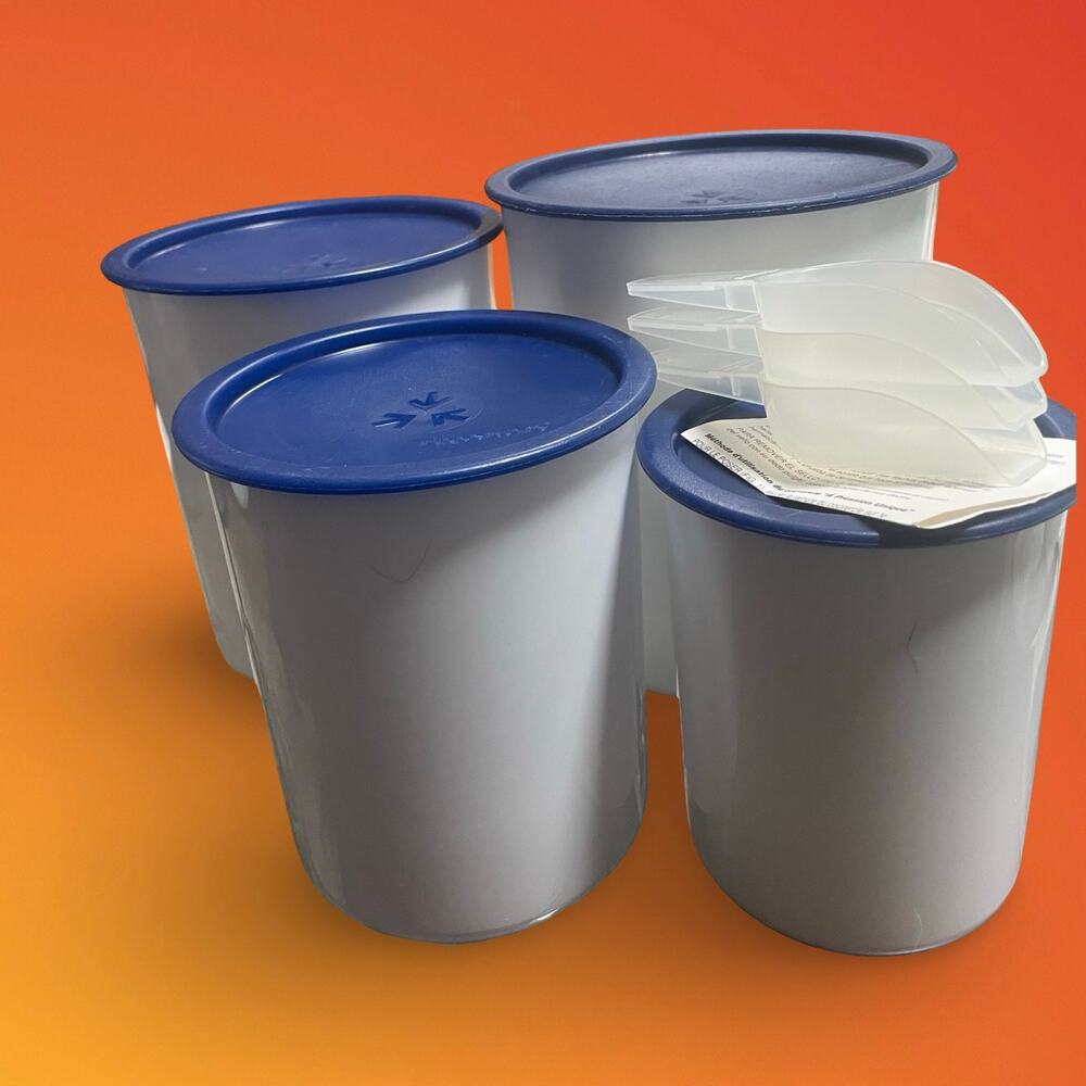 Vintage Tupperware One Touch Canister Set of 4 Solid White Blue Lids Scoops